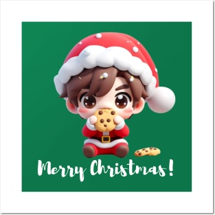 Chibi Kawaii Santa Claus Eating Cookies Posters and Art